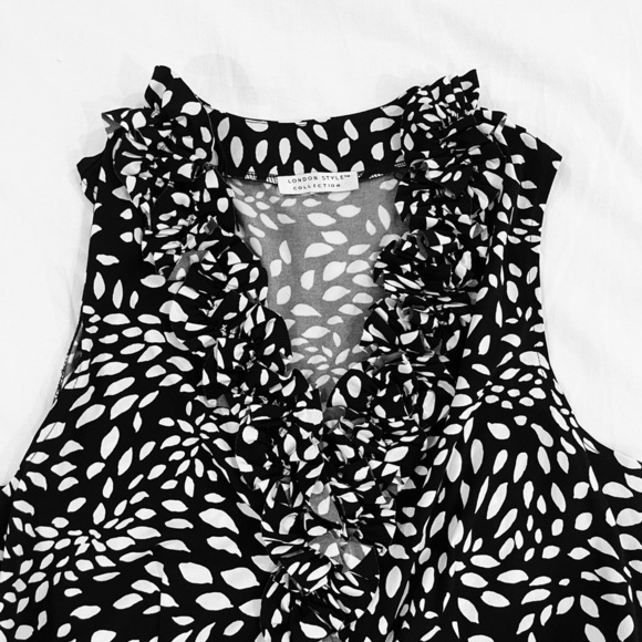 London Style Sleeveless Ruffle Dress | Black White V Neck Knee Length Polka Dot - Picture 5 of 9